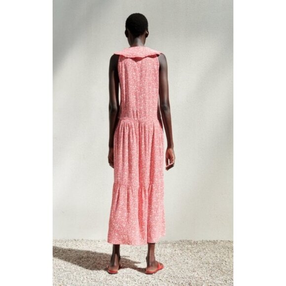 Zara Oversized Floral Print Maxi Dress Peter Pan Collar Tiered Red White Medium - Picture 4 of 15